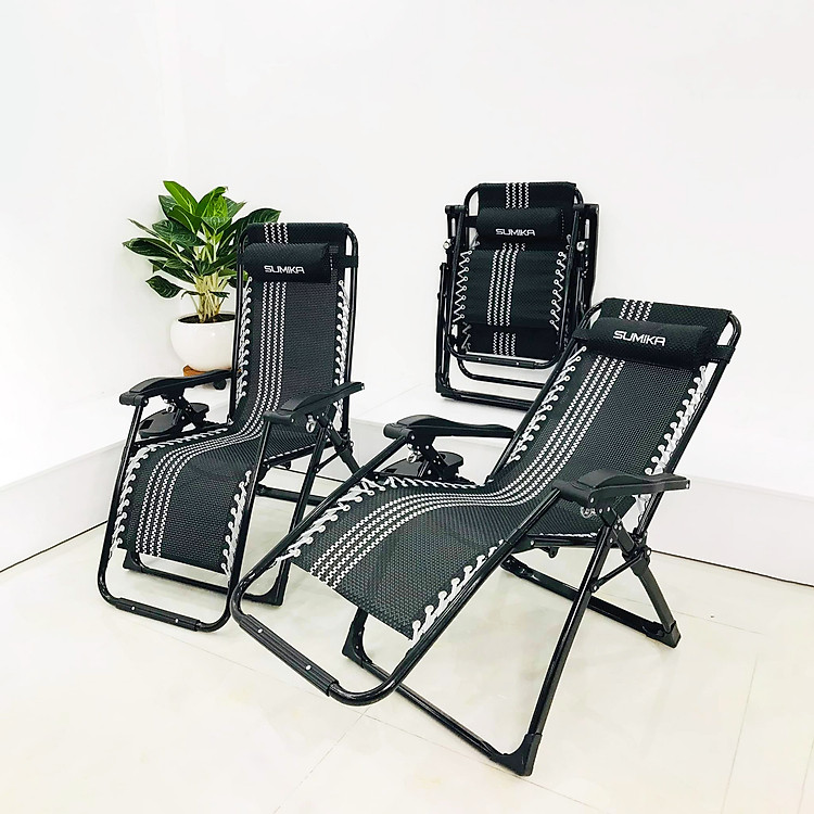 Ghế xếp thư giãn SUMIKA 179B - Khóa bằng kim loại, vải lưới đan sọc trắng Textilene thoáng khí, tải trọng 300kg