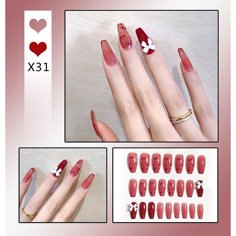Móng Tay Giả Gắn Nơ Đỏ Mận, Móng Tay Giả Dài Kèm Keo Nailbox Độc Đáo Mẫu T61