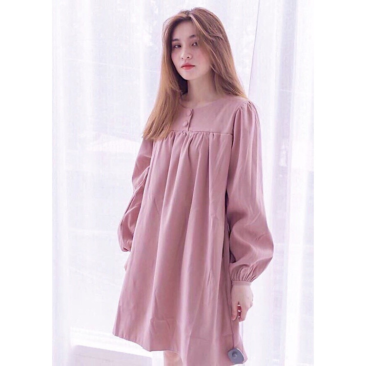 Đầm mila hồng suông nút bọc