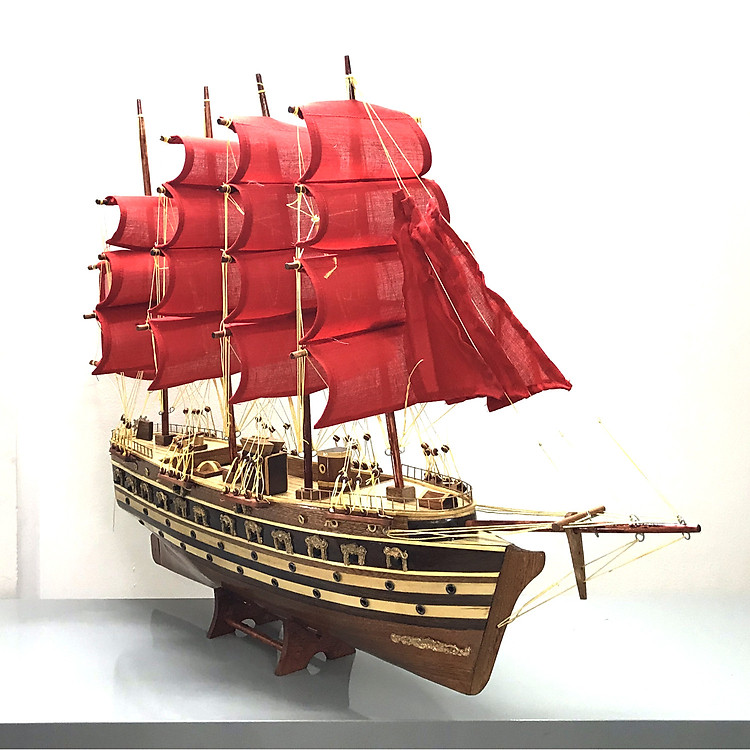 Mô hình thuyền gỗ thuyền trang trí tàu chiến cổ Jylland của Đan Mạch - Thân tàu dài 60cm - Buồm vải màu đỏ