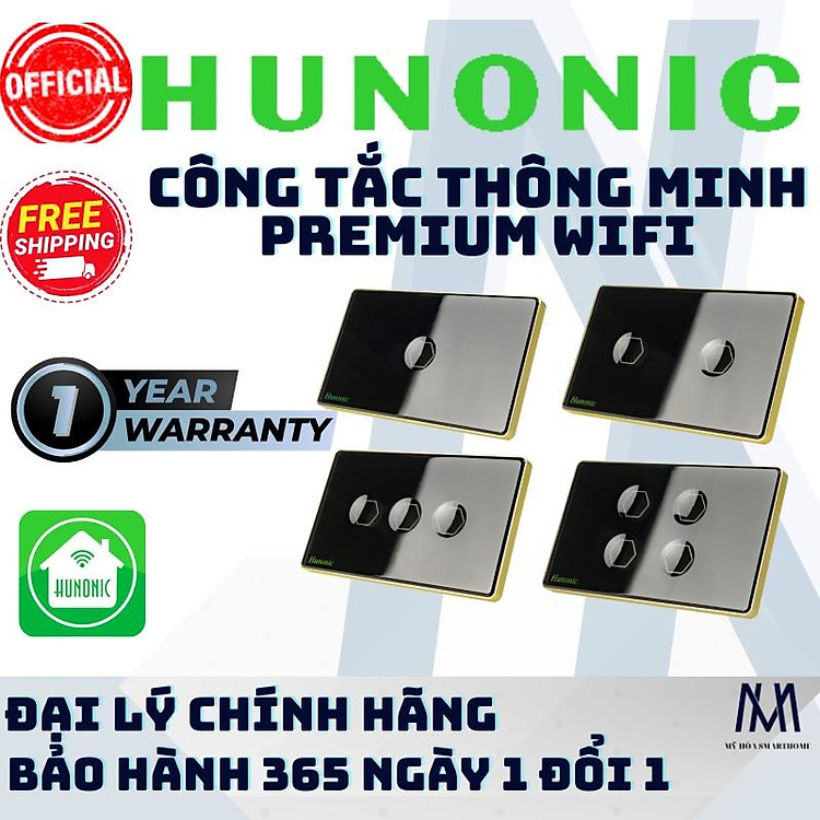 Công tắc thông minh Hunonic Premium Viền Vàng Kính Lõm cảm ứng 1/2/3/4 nút-Hàng Chính Hãng