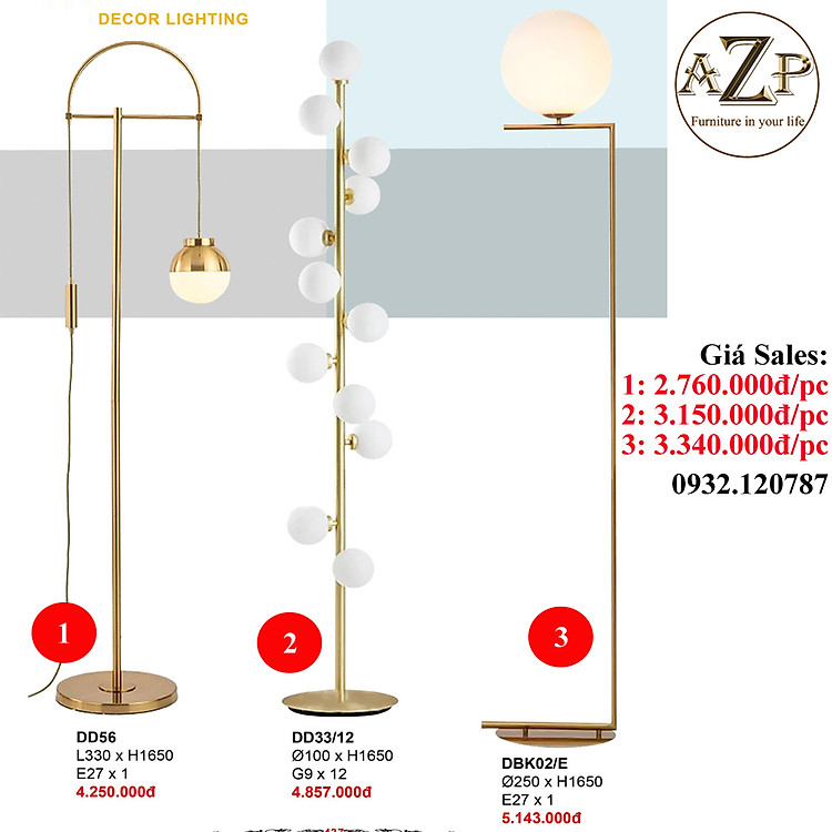 AZP - ĐÈN ĐỨNG / ĐÈN TRANG TRÍ / ĐÈN PHÒNG KHÁCH AZP-DD56 / DD33-T12 / DBK2E phong cách đương đại, hàng nhập khẩu AZP