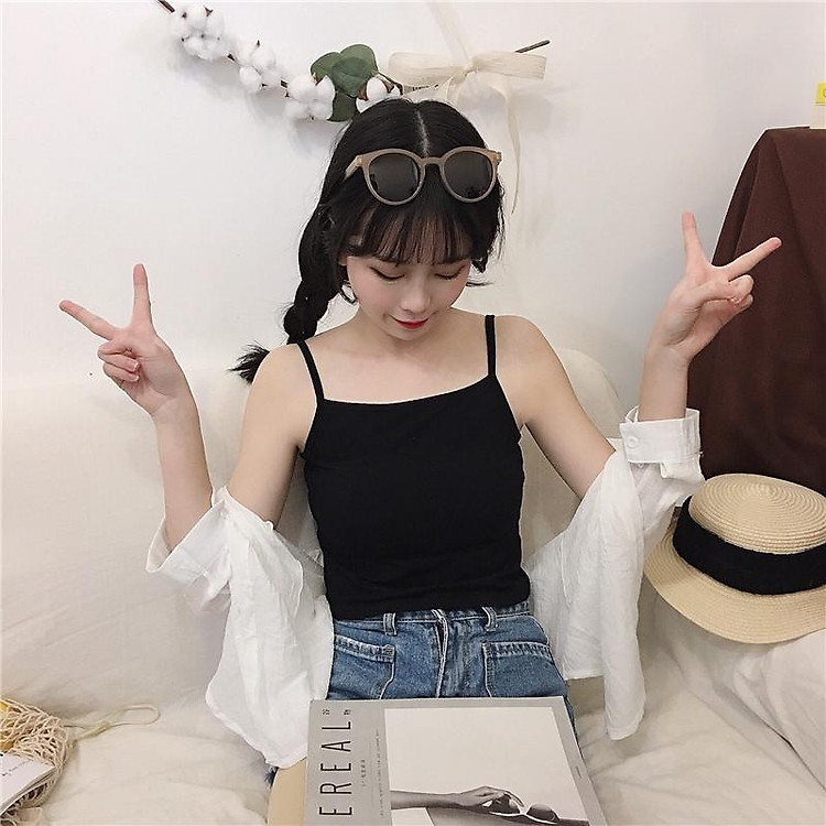 Áo Hai Dây Màu Đen Phong Cách Hàn Quốc Cho Nữ