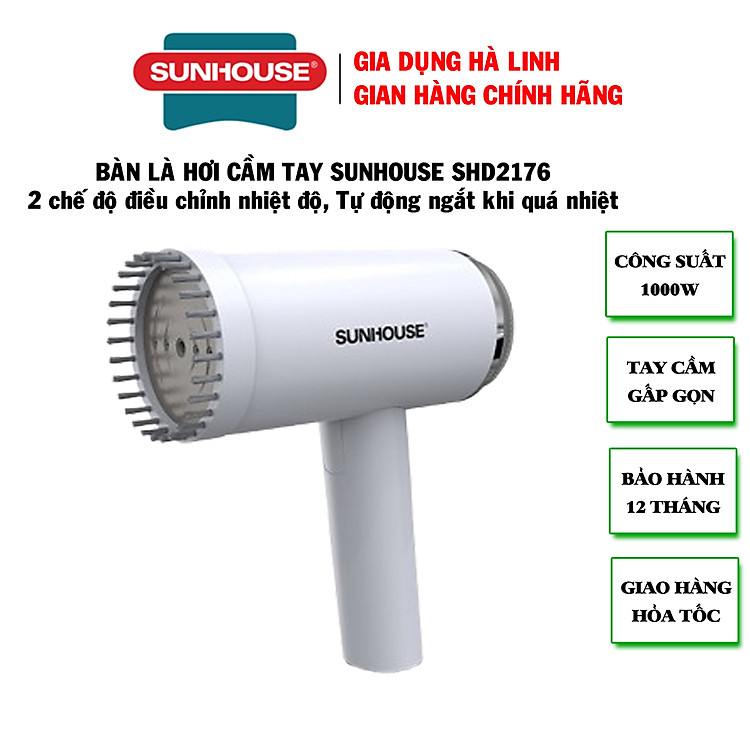 Bàn là hơi cầm tay Sunhouse SHD2176, Công suất 1000W, Mặt bàn là phủ chống dính, Tây cầm gấp gọn, Tự động ngắt khi quá nhiệt, Bảo hành 12 tháng - Hàng chính hãng