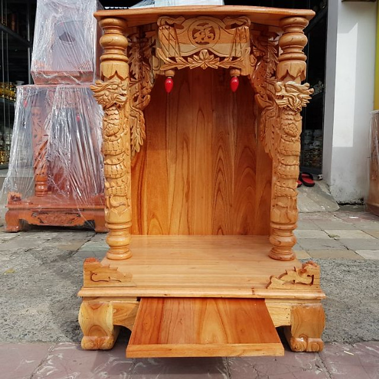 Bàn thờ thần tài ông địa gỗ xoan ngang 56 cm quỳ trụ