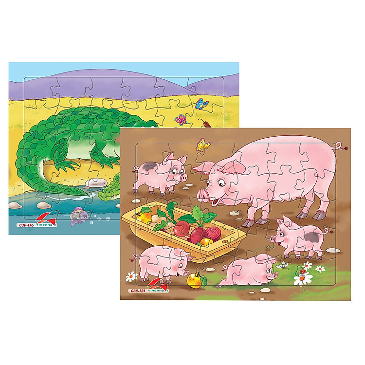 Bộ 2 tranh xếp hình A4, Đàn heo và cá sấu. Tia Sáng Việt Nam. Đồ chơi trí tuệ cho bé từ 3 tuổi. Chứng nhận hợp quy chủng loại Xếp hình số mảnh ghép lên đến 250 mảnh. Ký hiệu: Xếp hình.
