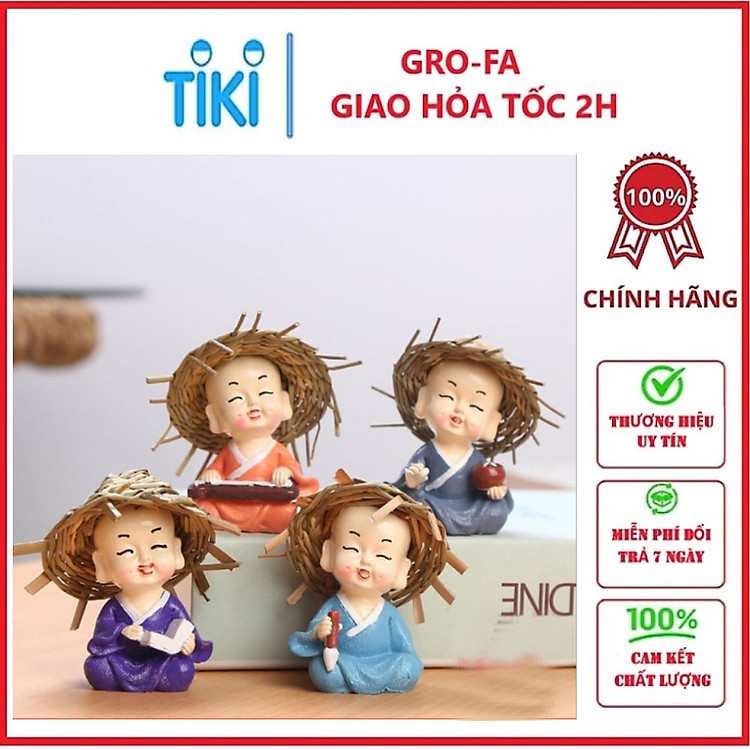 Mô Hình Tiểu Cảnh “4 Chú Tiểu Đội Nón Rơm” Trang Trí Sen Đá, Sân Vườn
