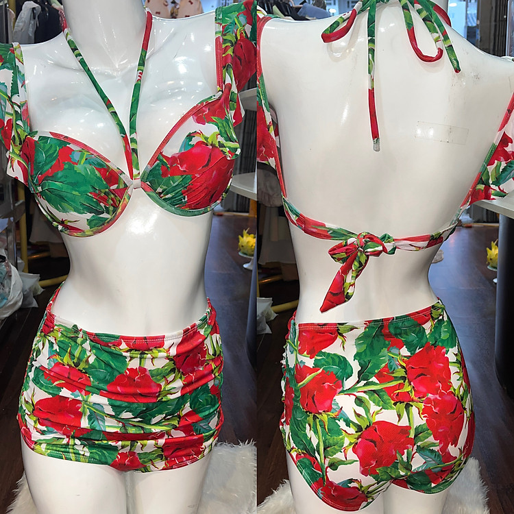 Bikini Đi Biển Hai Mảnh Kèm Mút Lót Phối Hoa Xinh Xắn