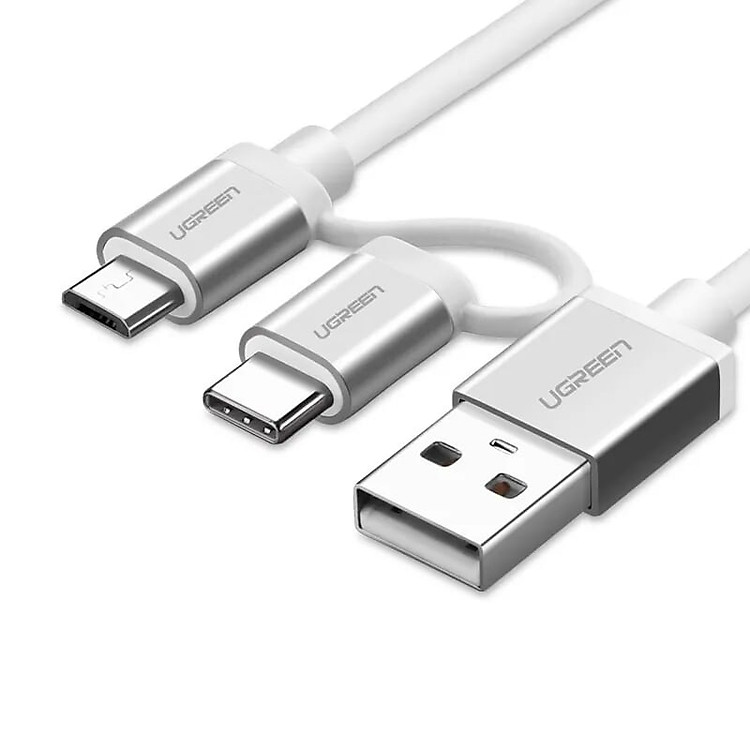 Cáp USB-A sang Micro USB + USB-C cao cấp 1M màu Bạc Ugreen UC20872US177 Hàng chính hãng