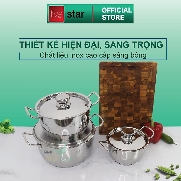 Bộ nồi 3 đáy inox 430 Thân Cool Fivestar Standard FS-B3010 (Kích thước 16cm - 20cm - 24cm) , tặng 1 vá canh
