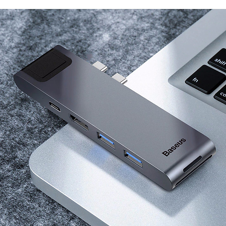 Bộ HUB chia cổng sạc 7 in 1 hiệu Baseus Thunderbolt Dual Type-C cho Macbook Pro mở rộng cổng sạc nhanh, 2 cổng USB 3.0, PD, SD, Micro SD, HDMI, Cổng mạng LAN - Hàng chính hãng