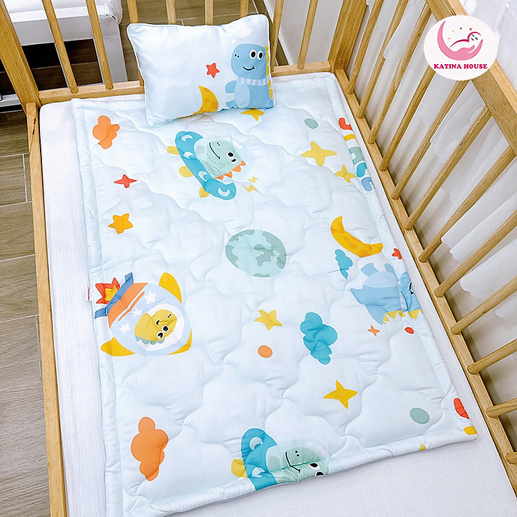 Combo nệm gối sơ sinh Katina House, bé đi nhà trẻ, vải tencel mát rượi, thấm hút và chống thấm tốt