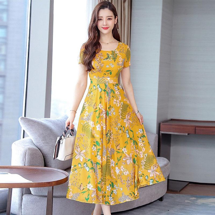 Đầm Nữ In Hoa Ngắn Tay Phong Cách Bohemian