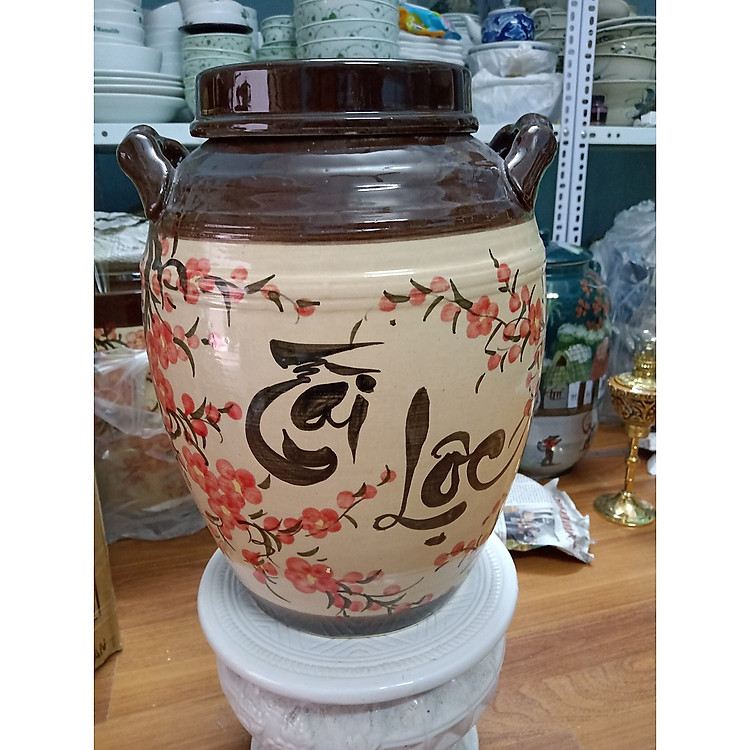 hũ đựng gạo vẽ hoa đào tài lộc Bát Tràng nắp bằng loại 12Kg