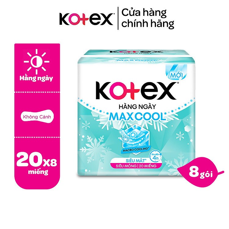 Combo 8 gói băng vệ sinh Kotex Maxcool hằng ngày kháng khuẩn 20 miếng