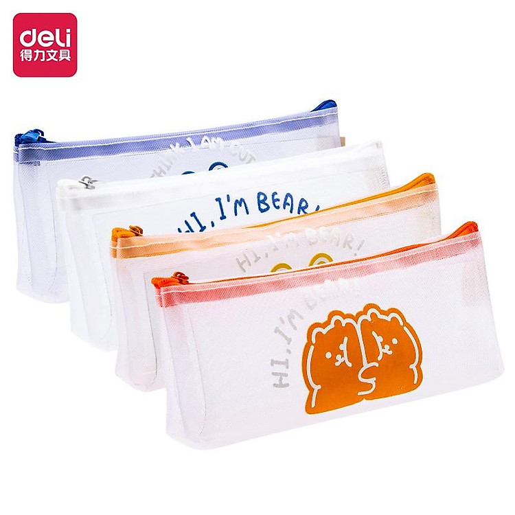 Hộp bút túi đựng bút đồ dùng học tập đồ dùng cá nhân "I'm Bear" hình Deli - Chất liệu vải lưới trong suốt - Phù hợp cho học sinh, đựng mĩ phẩm - Xanh dương/Trắng/Cam/Đỏ - 67168