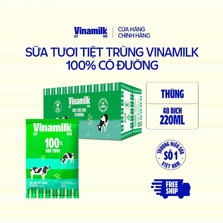 Thùng 48 Bịch Sữa Tươi Tiệt Trùng Vinamilk 100% Có Đường (220ml)