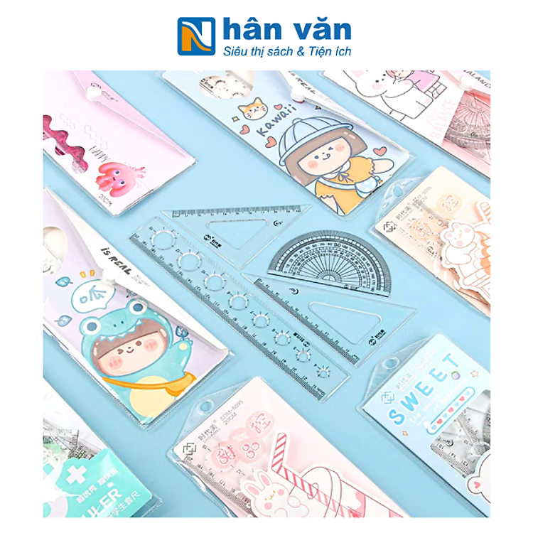 Bộ thước kẻ (4 món) – túi đựng nhựa hoạt hình