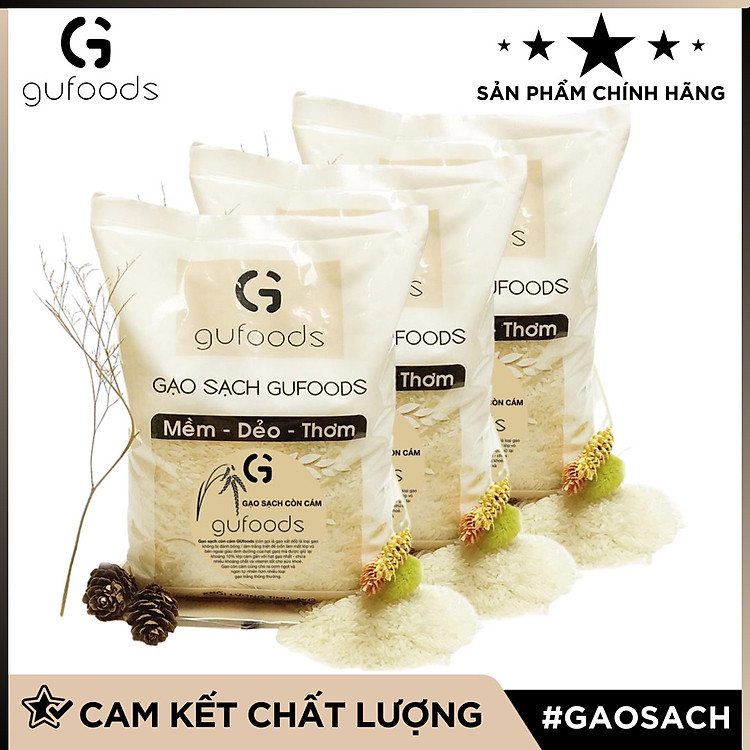 Combo 3 túi Gạo sạch còn cám GUfoods (gạo xát dối) - Ngọt - mềm - thơm (mỗi túi 1kg)