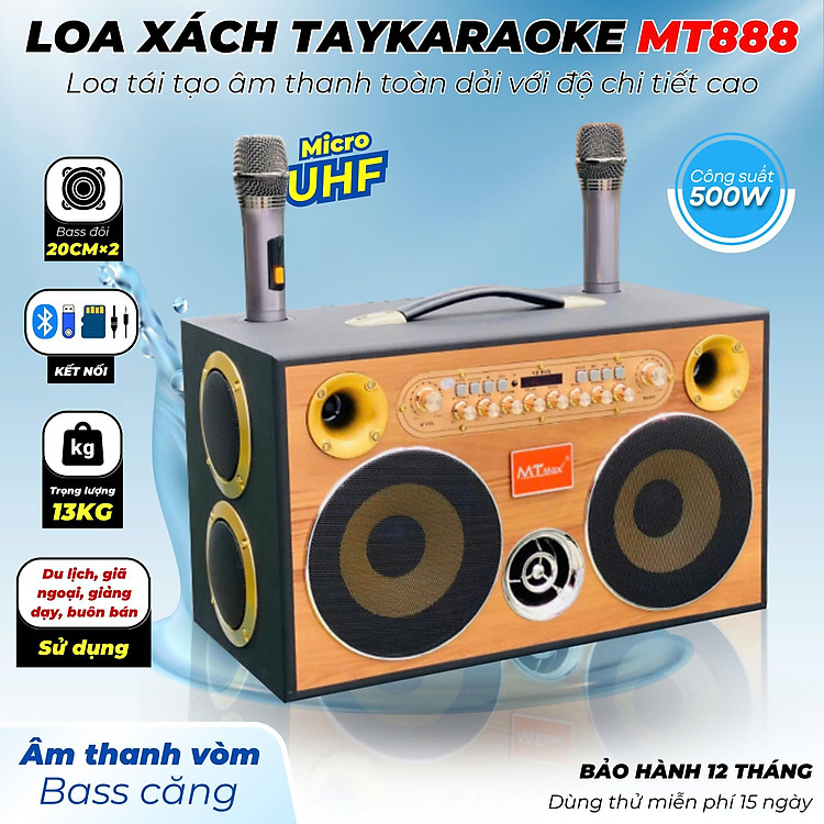 Loa Xách Tay Karaoke nghe nhạc MT888 Hệ Thống 8 Loa Âm Thanh Đa Chiều Bass20 Đôi Công Suất 500W Bass Căng Ấm, Tiếng Lên Siêu Rõ Đi Kèm Cặp Micro Hát Nhẹ Vang Sâu hàng nhập khẩu