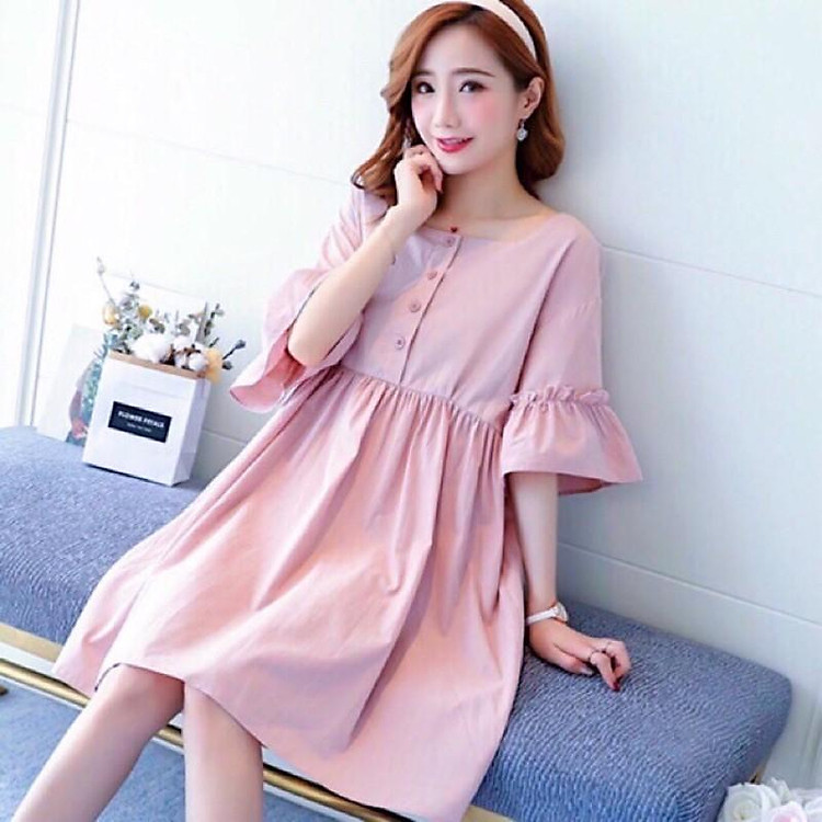 Đầm bầu babydoll hồng tay loe, Váy bầu