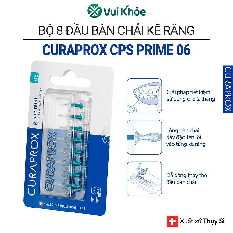 Bộ 8 đầu thay thế cho bàn chải kẽ răng Curaprox CPS 06 Prime - Xanh ngọc | Chăm sóc răng miệng chuẩn Thụy Sĩ