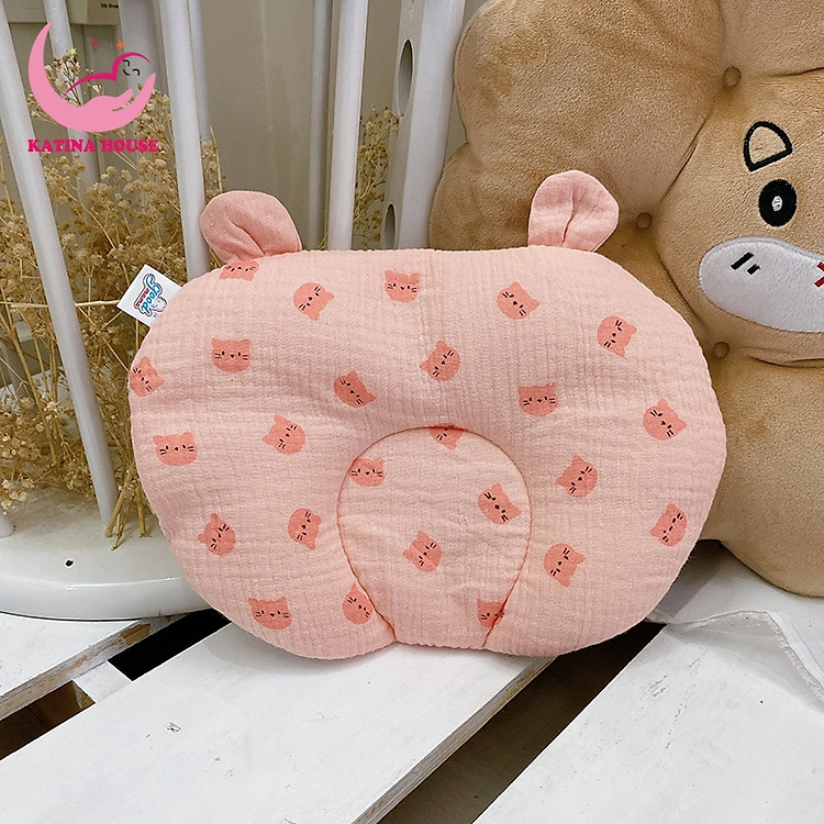 Gối sơ sinh 0-4 tháng, gối xô tai gấu đáng yêu, mềm mại thoáng mát