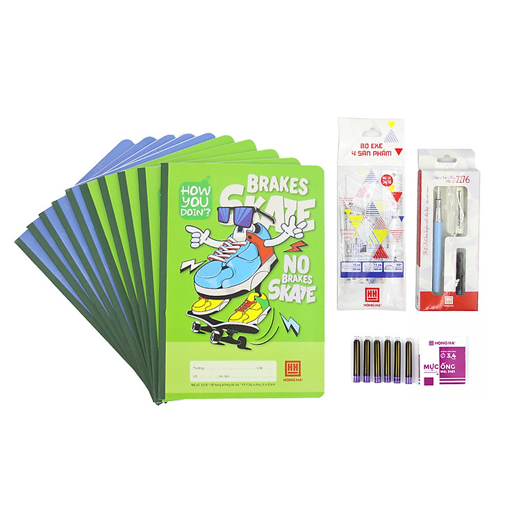 Combo Tiểu học "Trạng nguyên" - 10 Vở Hồng Hà 5 ô ly Cool, Eke & Bút máy nét hoa - Tặng hộp 6 ống mực tím (giao màu ngẫu nhiên)