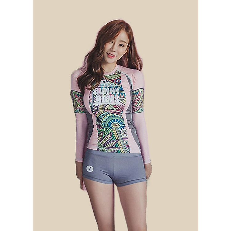 Đồ Bơi Nữ Tay Dài - Hồng Nhạt Hoa Văn Thổ Cẩm