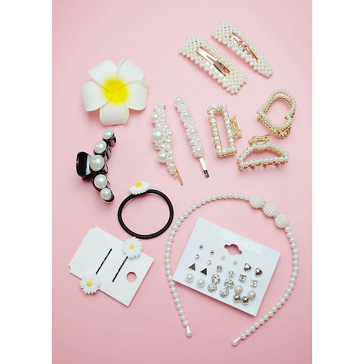 Set phụ kiện tóc nữ ngọc trai hoa cúc siêu hot (Tặng móc khóa gỗ BTS thiết kế độc quyền)
