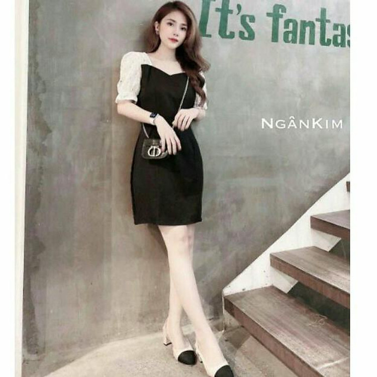 Váy Tiểu Thư Đen Phối Ren Hót Đầm Dáng xòe