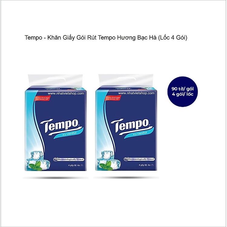 Tempo - Khăn Giấy Gói Rút Hương Bạc Hà - Softpack Icy Menthol 4 Lớp (90 Tờ/ 1 Gói) Loại Lốc 4 Gói