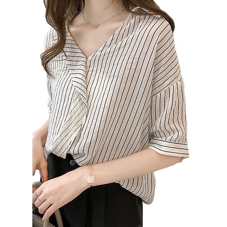 Áo sơ mi nữ kẻ sọc form rộng tay ngắn