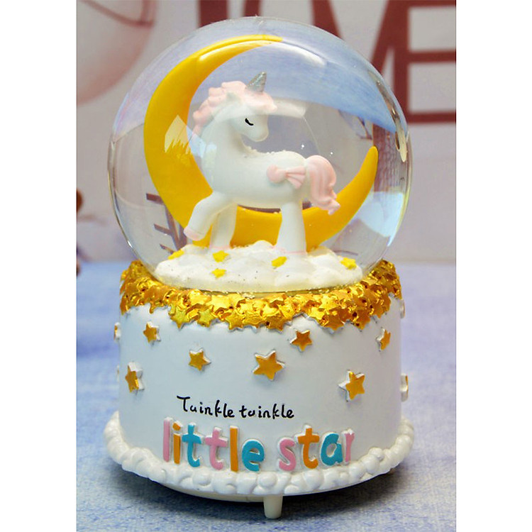 Quả cầu tuyết ngựa unicorn có nhạc có đèn thổi tuyết (mẫu 1 - có mặt trăng)