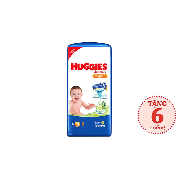 Tã/bỉm quần Huggies Skin Care Jumbo L38+6 miếng với tràm trà dịu da