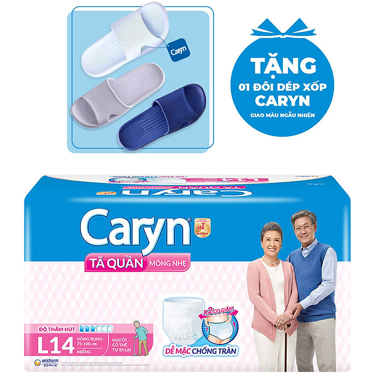 Tã Quần Caryn Người Lớn Loại Mỏng Nhẹ L14 (14 Miếng) - Tặng 1 Dép Chống Trượt (Màu Ngẫu Nhiên)