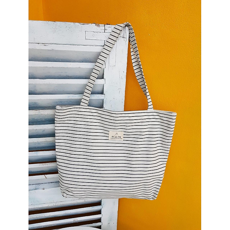 Túi tote vải canvas sọc trắng đen ngang size to