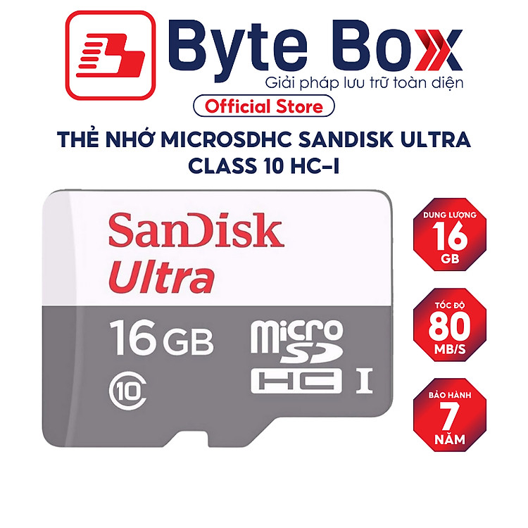 Thẻ nhớ MicroSDHC Sandisk Ultra 16GB / 32GB / 64GB / 128GB Class 10 upto 100MB/s Bảo hành 7 năm - Hàng chính hãng