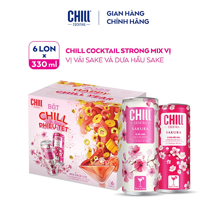 Thùng 6 lon Chill Cocktail Sakura mix vị Vải Sake & Dưa Hấu Sake (330ml/lon)
