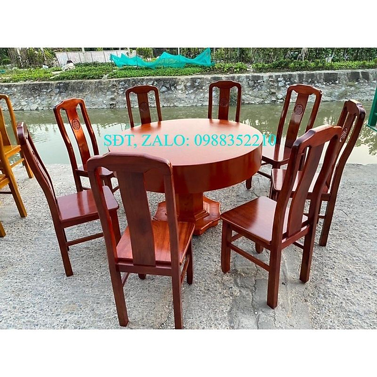 Bộ bàn ăn tròn gỗ hương đá đỏ Nam Phi + 6 ghế chữ thọ