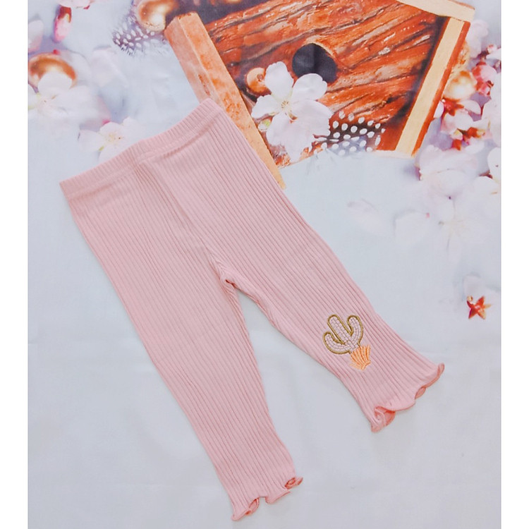 Quần legging thun gân cuốn biên thêu họa tiết xương rồng cho bé gái 1-8 tuổi
