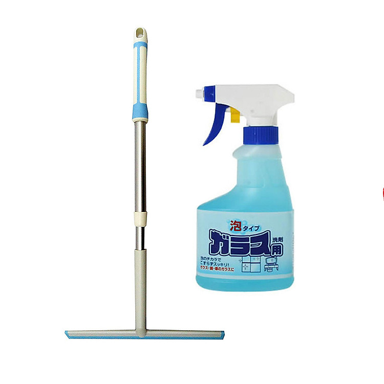 Combo Cây Lau Kính Cán Dài + Chai Xịt Vệ Sinh Kính Rocket Kobini Nhật Bản (300Ml)