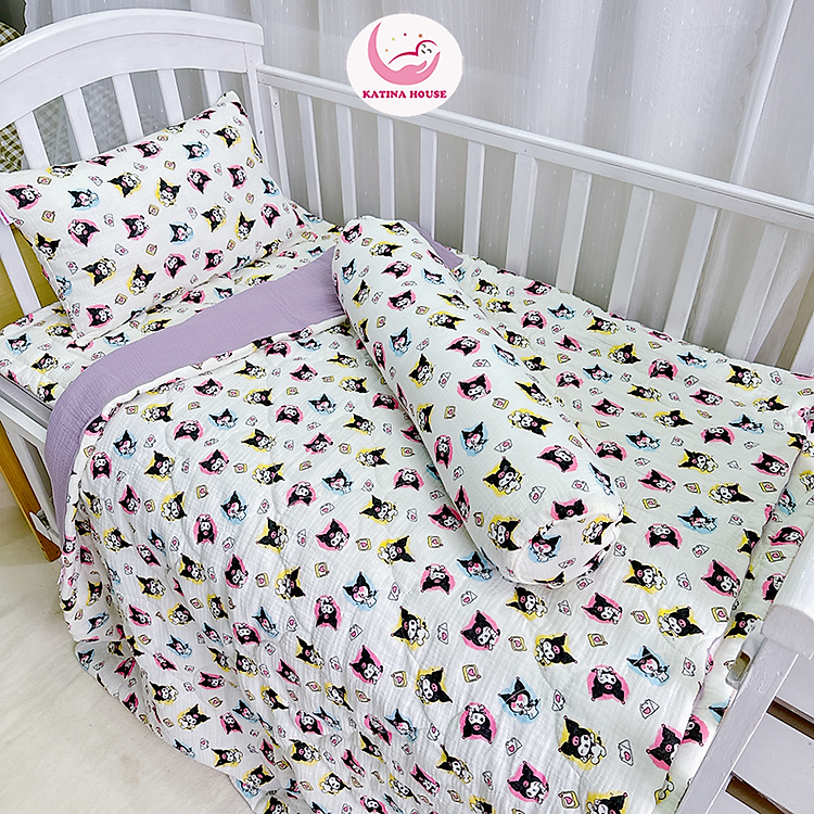 Combo trọn bộ chăn gối nệm 5in1 cho bé Katina House, chất vải muslin mềm nhẹ, thoáng khí, thấm hút tốt