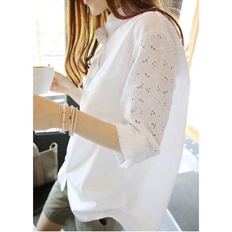 Áo sơ mi nữ tay ren hoa, chất thô mềm, thời trang công sở, phong cách Hàn Quốc