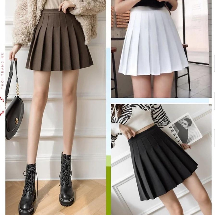 Chân váy xòe xếp ly dáng ngắn, chân váy tennis nữ có quần bảo hộ đen/trắng/nâu.