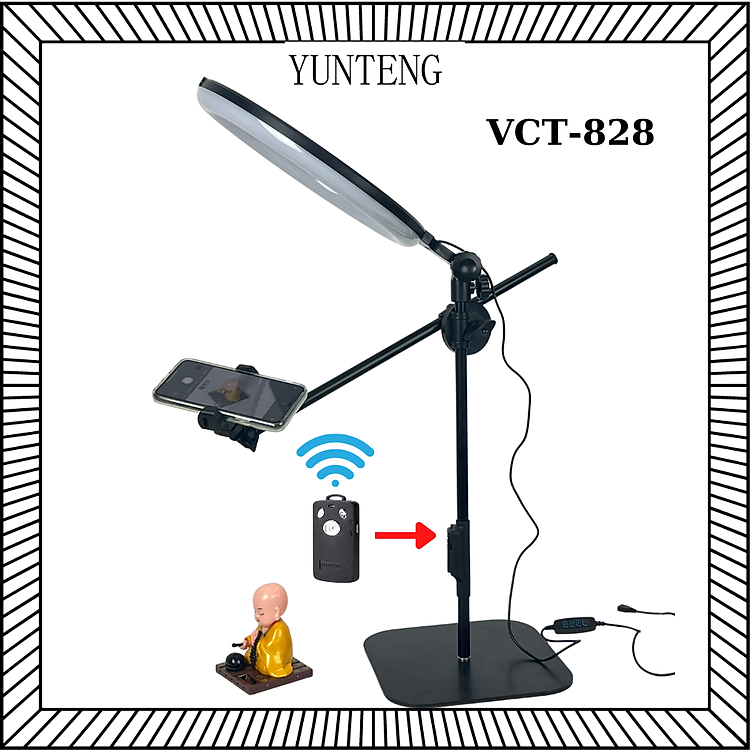 Bộ giá đỡ kèm đèn để bàn YUNTENG VCT-828 có thanh ngang quay review, quay topsot từ trên xuống - Hàng chính hãng