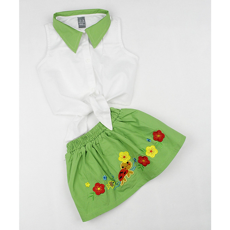 Set áo cộc tay cột nơ và váy xoè thêu hoa cho bé gái 0.5-6 tuổi từ 8 đến 20 kg 01699-01701