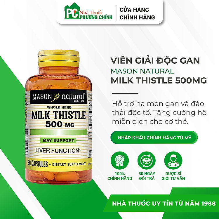 Viên Uống Giải Độc Gan Mason Natural Milk Thistle 500mg Hỗ Trợ Bảo Vệ Gan 60 Viên/Hộp