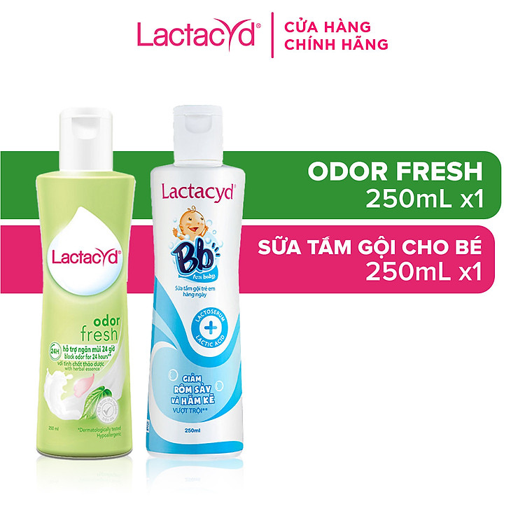 Bộ Dung Dịch Vệ Sinh Phụ nữ Lactacyd Odor Fresh Ngăn Mùi 24H 250ml + Sữa Tắm Gội Trẻ em Lactacyd Baby Gentle Care 250ml