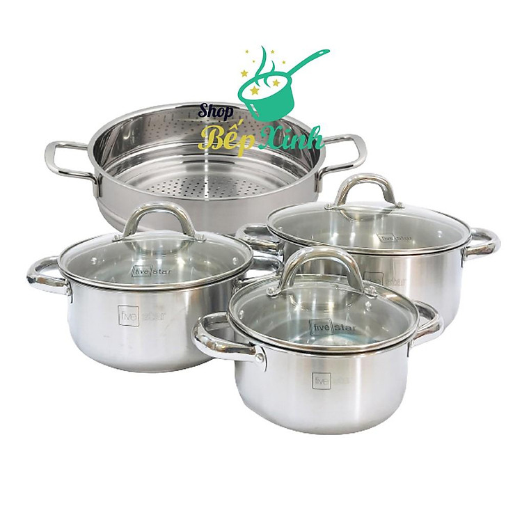 Bộ nồi xửng inox Fivestar 3 đáy từ 4 món nắp kính - tặng 1 vá canh